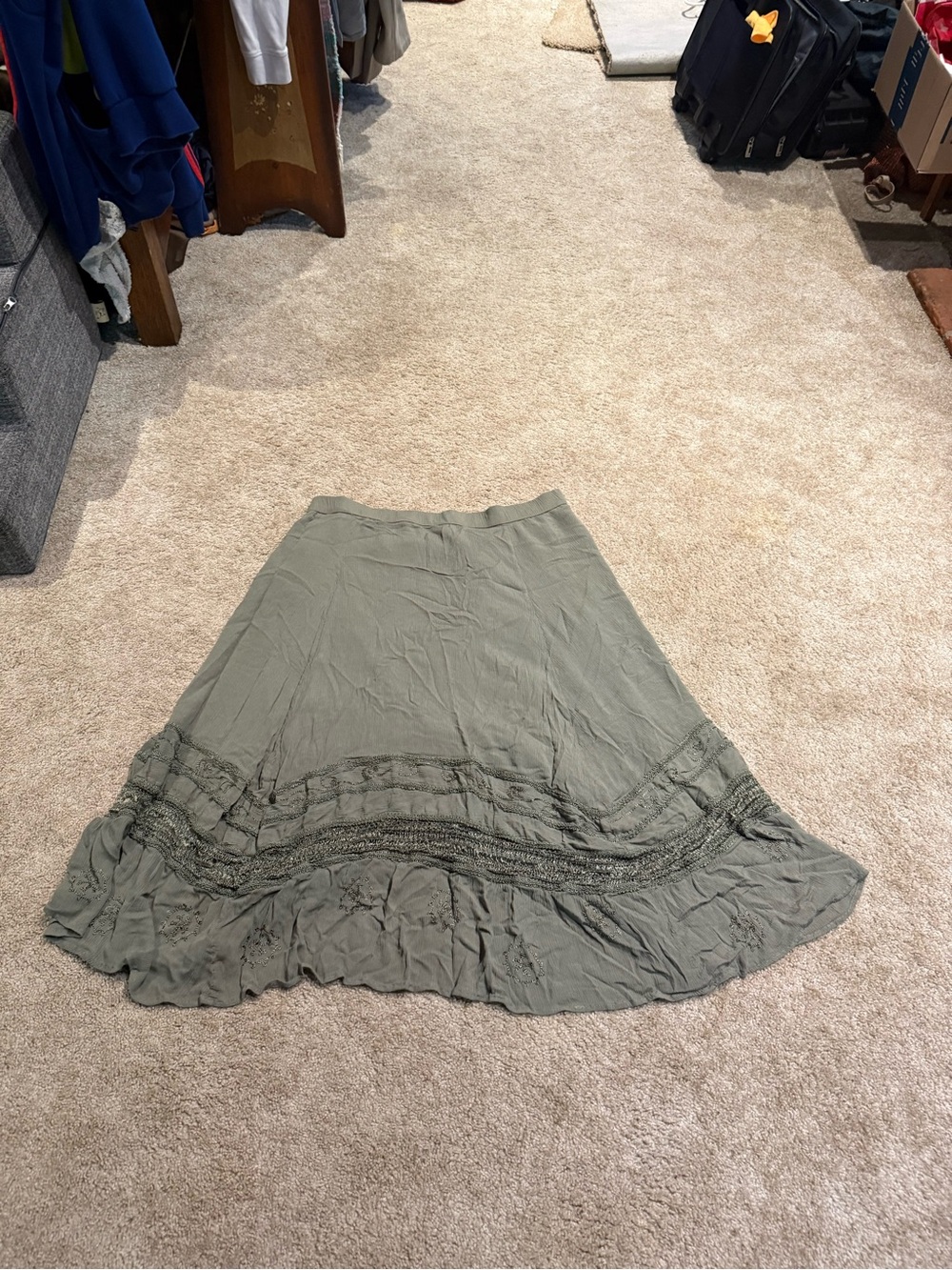 Chico's Sage Green Artisan Amy Crochet Lace Tiered Maxi Skirt - Size 2 -L